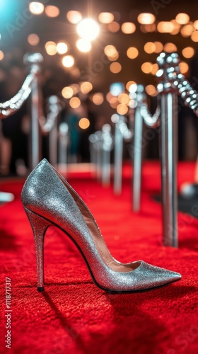 Silver high heel shoe on red carpet amidst sparkling lights at an event photo