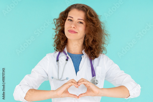 Doctor, volunteer or heart hands in hospital wellness, medicine trust or medical support in life insurance. Smile, happy or nurse and love gesture in healthcare, emoji or woman security