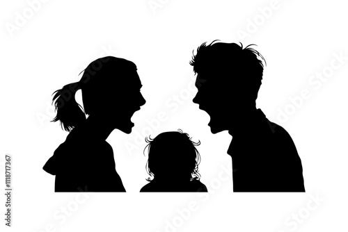Silhouette of a family arguing a white background. Concept of divorce, misunderstanding in family, disagreement, relationship troubles