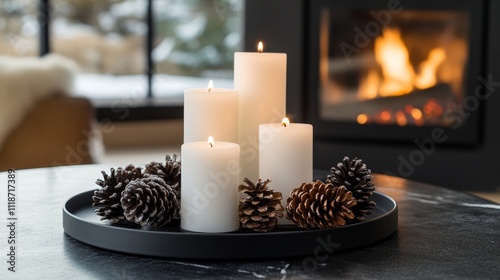 Winter festive festival, Christmas snow celebration, cozy warm home, living room, indoor wooden table, lit candles, snowy landscape, peaceful atmosphere, fireplace. photo