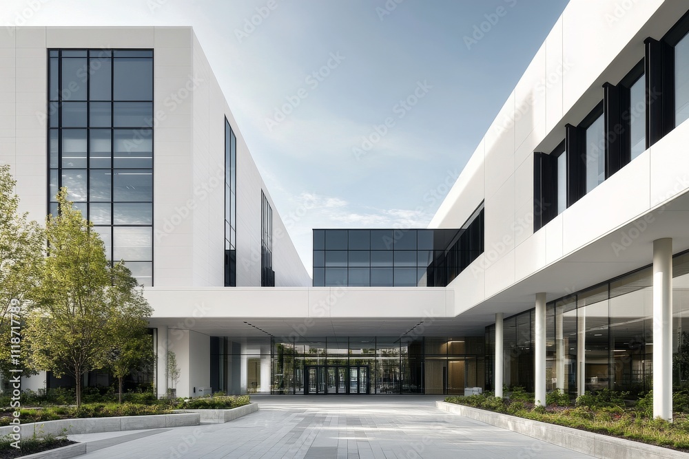 Fototapeta premium Modern architecture of a healthcare facility with staff walking in a landscaped area