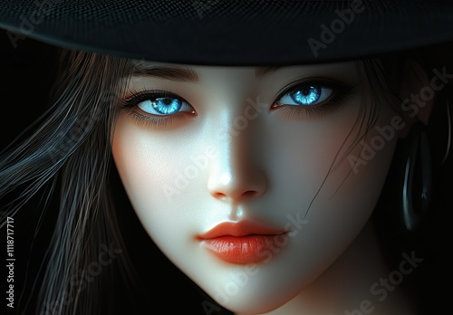 Haunting Elegance: Hyper-Realistic Portrait of a Korean Woman with Glowing Blue Eyes