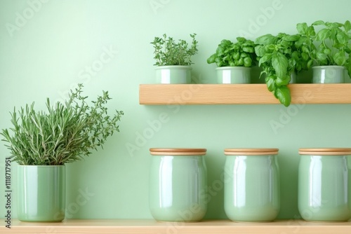 Rustic kitchen design featuring pastel green cabinets, ceramic jars, and fresh herbs for a natural lifestyle photo