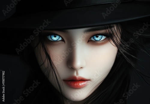 Haunting Elegance: Hyper-Realistic Portrait of a Korean Woman with Glowing Blue Eyes