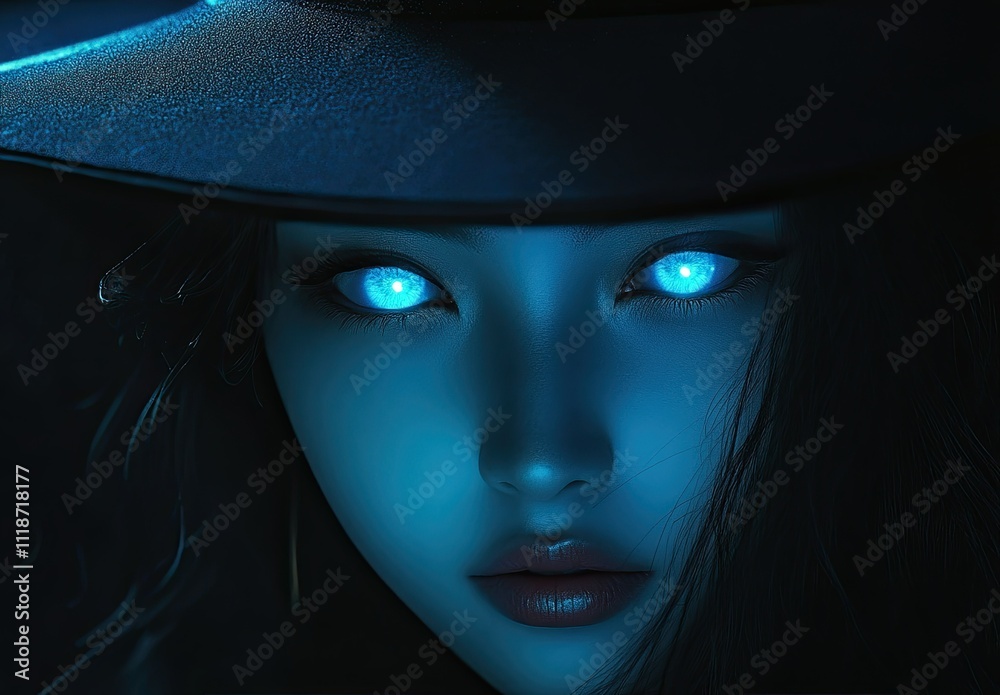 Haunting Elegance: Hyper-Realistic Portrait of a Korean Woman with Glowing Blue Eyes Haunting Elegance: Hyper-Realistic Portrait of a Korean Woman with Glowing Blue Eyes