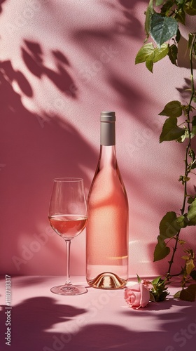 Elegant display of rose wine and glass on a soft pink background in natural light