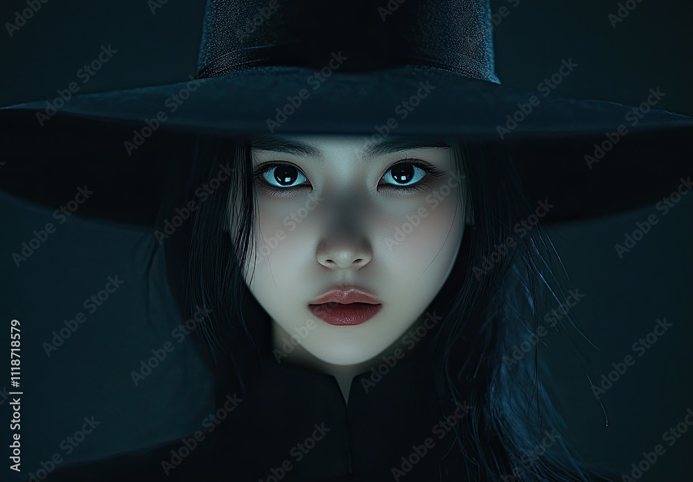 Haunting Elegance: Hyper-Realistic Portrait of a Korean Woman with Glowing Blue Eyes Haunting Elegance: Hyper-Realistic Portrait of a Korean Woman with Glowing Blue Eyes