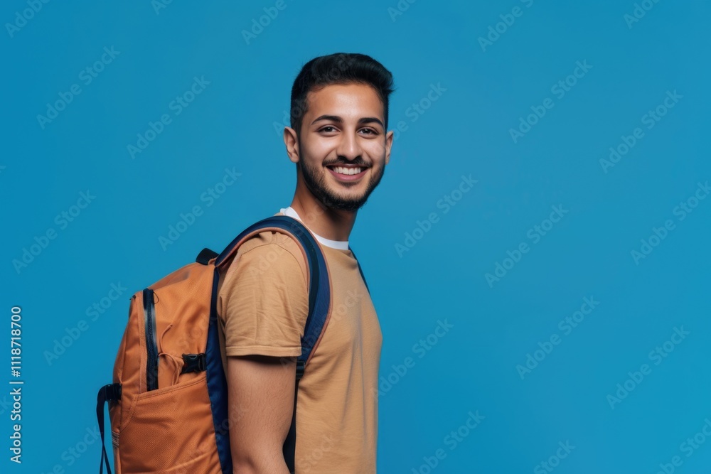 Happy Arab student with backpack for remote learning concept. Happy Arab student with backpack for remote learning concept.