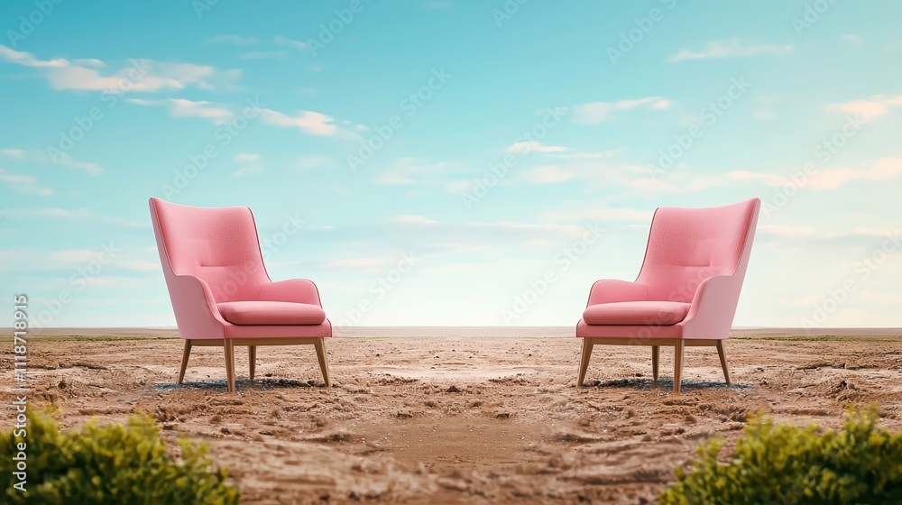 Two Pink Chairs in an Expansive Desert Landscape Under a Clear Sky Two Pink Chairs in an Expansive Desert Landscape Under a Clear Sky