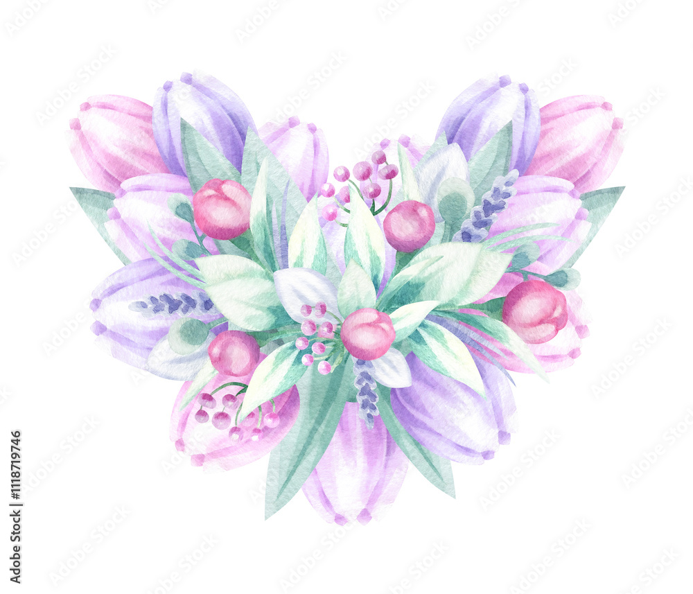 Heart shaped flower bouquet with tulips, buds peony and lavender in pastel pink, lilac and green colors. Hand draw watercolor isolated illustration for romantic Valentines, Mother and Women Day card. Heart shaped flower bouquet with tulips, buds peony and lavender in pastel pink, lilac and green colors. Hand draw watercolor isolated illustration for romantic Valentines, Mother and Women Day card.