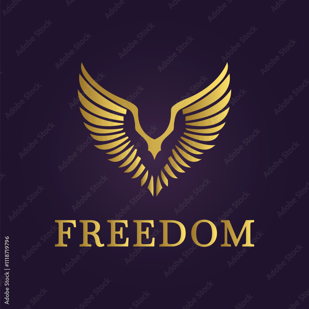 Golden eagle Freedom logo with V-shaped wings on dark purple background symbolizing power and liberty Golden eagle Freedom logo with V-shaped wings on dark purple background symbolizing power and liberty