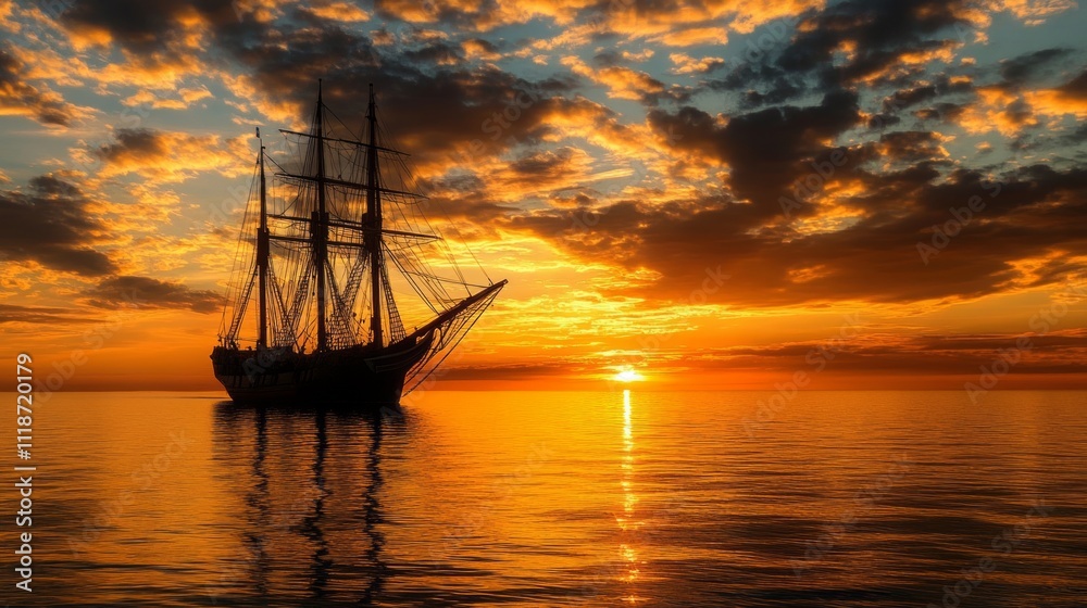Silhouetted sailing ship on calm ocean at sunset with vibrant sky. Silhouetted sailing ship on calm ocean at sunset with vibrant sky.