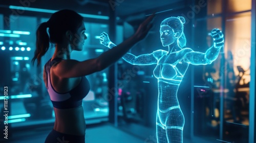 Woman using futuristic fitness technology, analyzing virtual 3D body model.