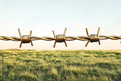 photo of symbolic barbed wire stretching across grassy field under pale blue sky photo