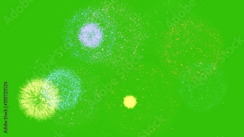 A green screen shot featuring a vibrant and colorful fireworks display lighting up the sky with bursts of light and colors 4K resolution. Perfect for New Year, Christmas or 4th July template overlay.