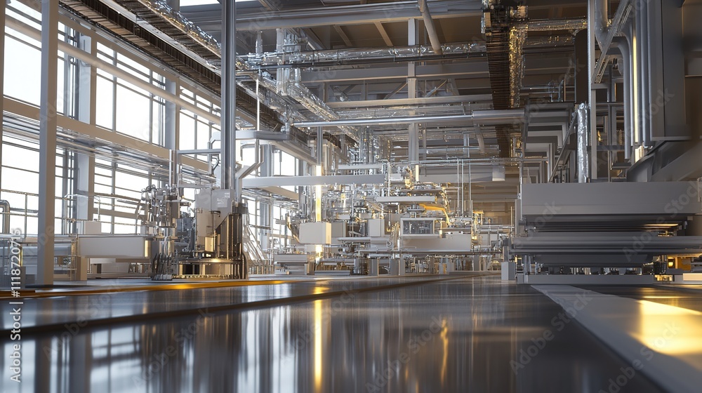 Industrial machinery designed for mass manufacturing in a large factory. Industrial machinery designed for mass manufacturing in a large factory.