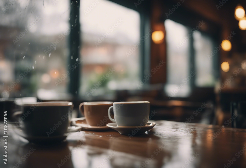 A cozy coffee shop on a rainy day with steaming mugs and p A cozy coffee shop on a rainy day with steaming mugs and p