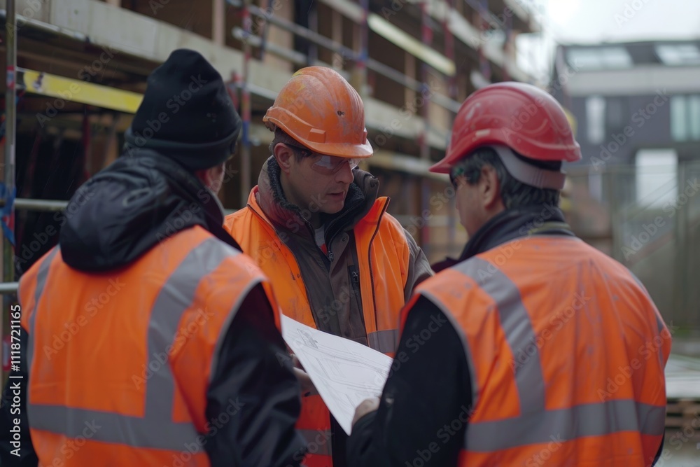 Builder On Building Site Looking At Plans With Apprentices Builder On Building Site Looking At Plans With Apprentices