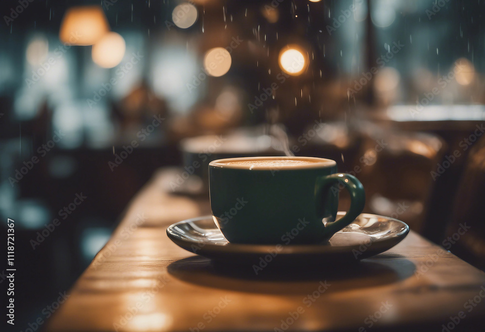A cozy coffee shop on a rainy day with steaming mugs and p A cozy coffee shop on a rainy day with steaming mugs and p