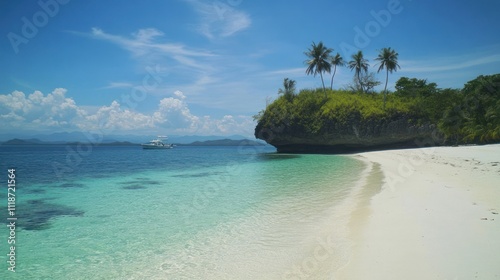 Idyllic tropical beach with white sand, turquoise water, palm trees, and a boat in the distance.