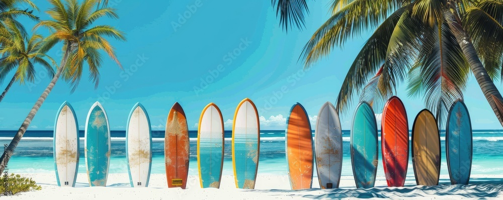 Array of brightly colored surfboards standing against palm trees on a pristine tropical beach with blue sea.