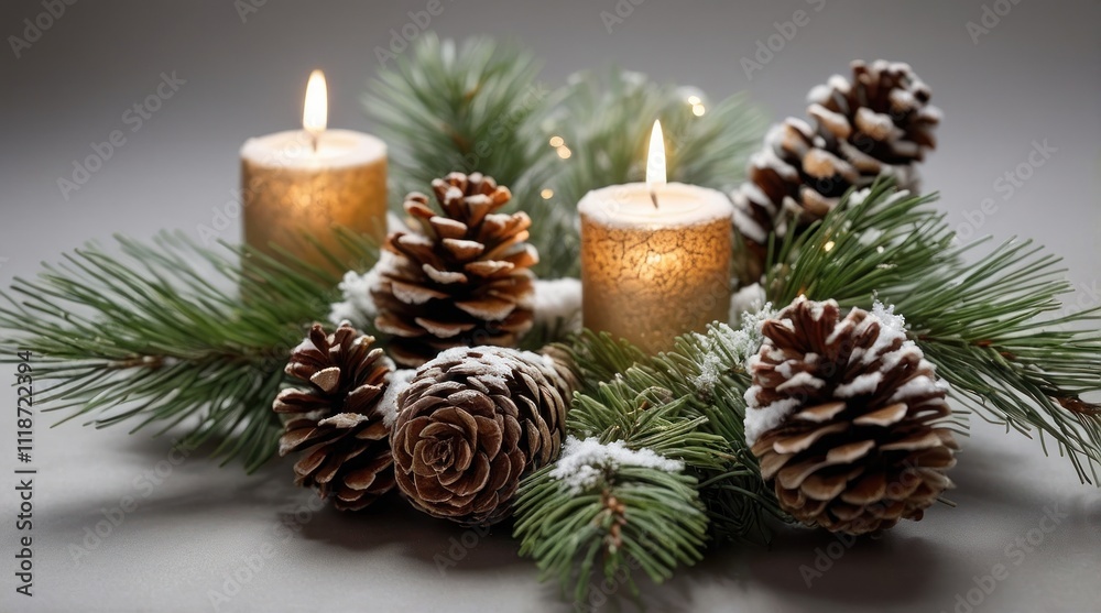 Pinecones and Evergreen Branches on a Snowy Background Pinecones and Evergreen Branches on a Snowy Background
