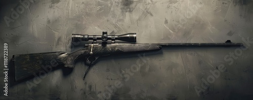 A detailed image of a precision rifle with a scope with dark background.