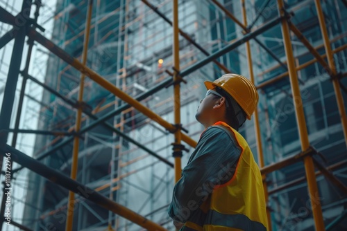 Engineer technician overseeing workers on high construction platform.