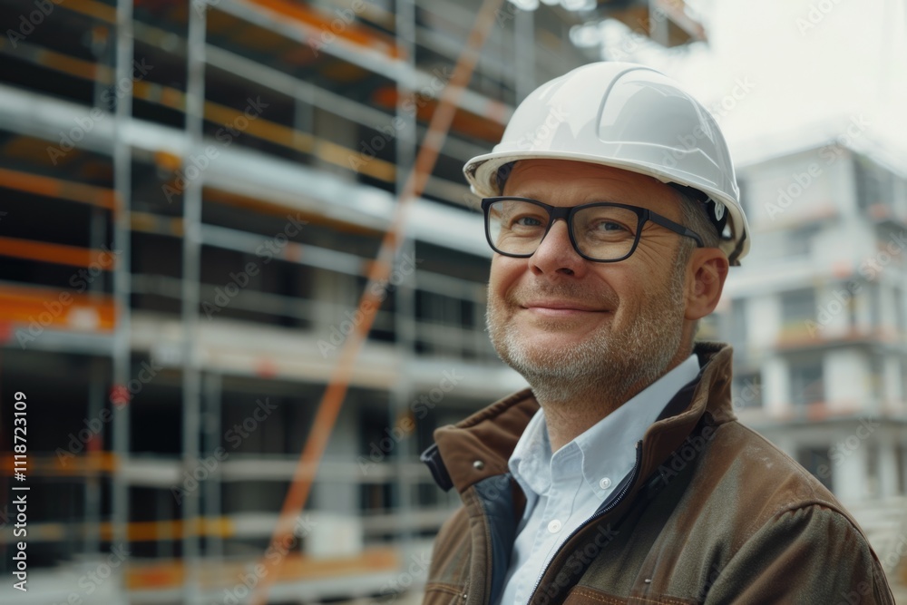 Happy mature architect wearing hardhat standing at construction site construction Happy mature architect wearing hardhat standing at construction site construction
