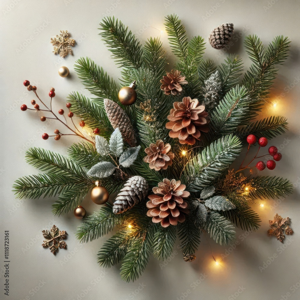 Festive Pine Branch Arrangement with Snow and Lights Festive Pine Branch Arrangement with Snow and Lights