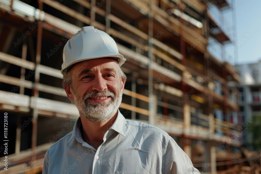 Happy mature architect wearing hardhat standing at construction site construction Happy mature architect wearing hardhat standing at construction site construction