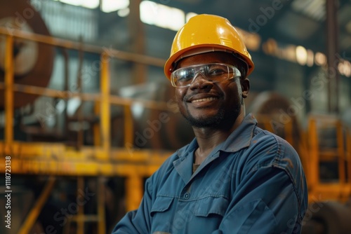 Smiling African American engineer in steel factory.