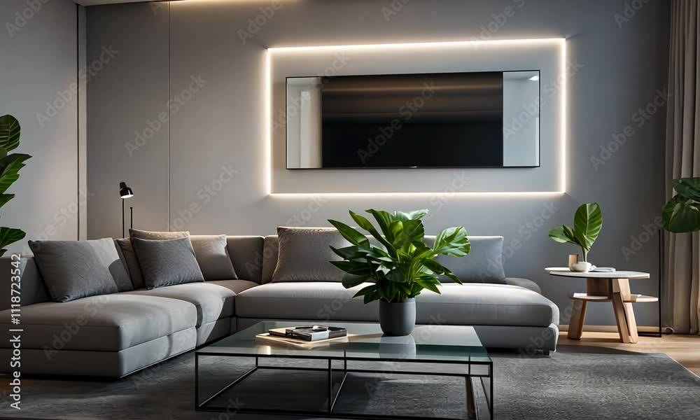 Modern living room interior design with gray sectional sofa, coffee ...