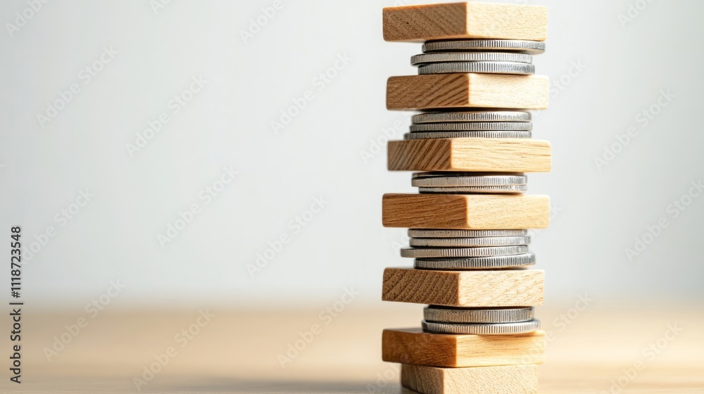 Stacked wooden blocks and coins on a table. Stacked wooden blocks and coins on a table.