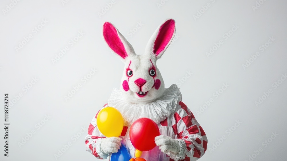 Fototapeta premium A whimsical clown-like rabbit holding colorful balloons, evoking a playful atmosphere.