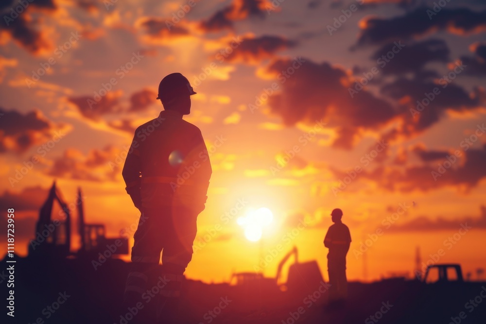 Fototapeta premium Engineer and construction team working at site during sunset.