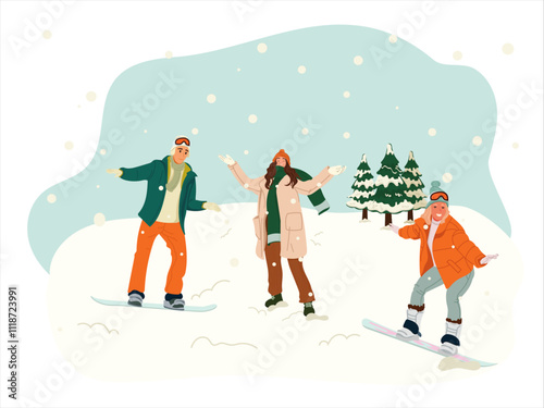 People sliding in the snowy forest, woman having fun in the snow.