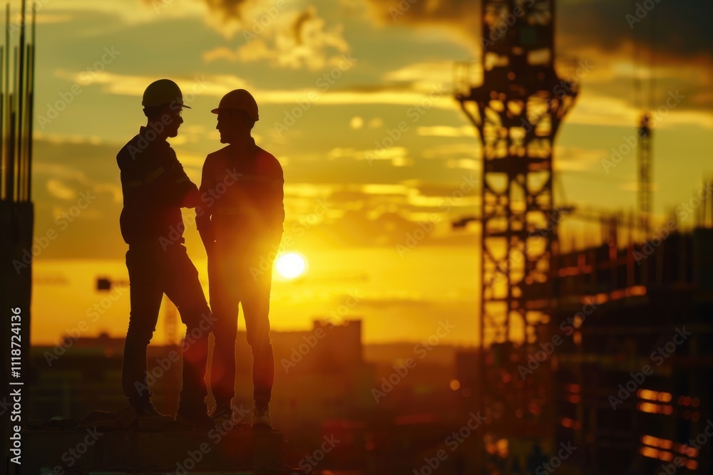 Fototapeta premium Business engineers seek blueprints in construction sites at sunset.
