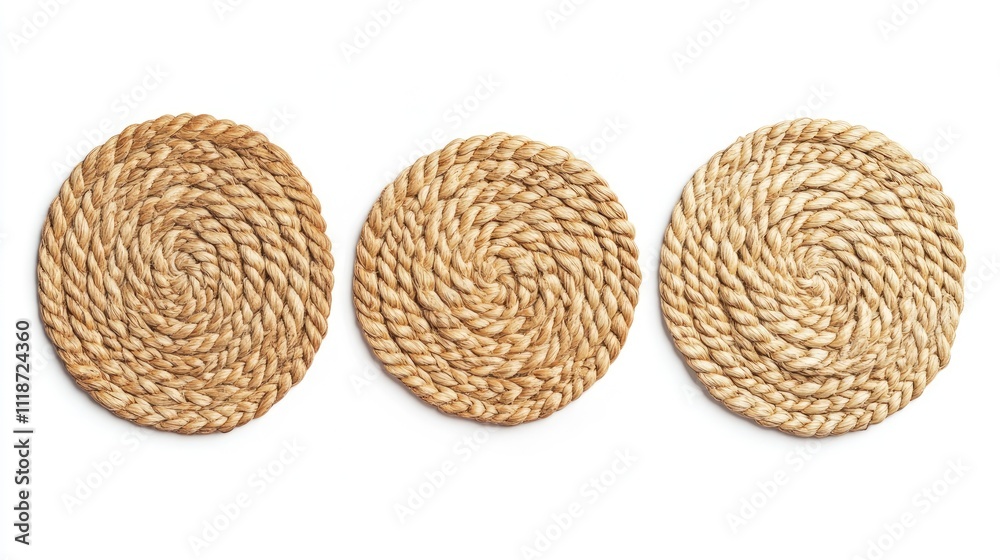 Three intricately woven round coasters made from natural fibers against a white background. Three intricately woven round coasters made from natural fibers against a white background.