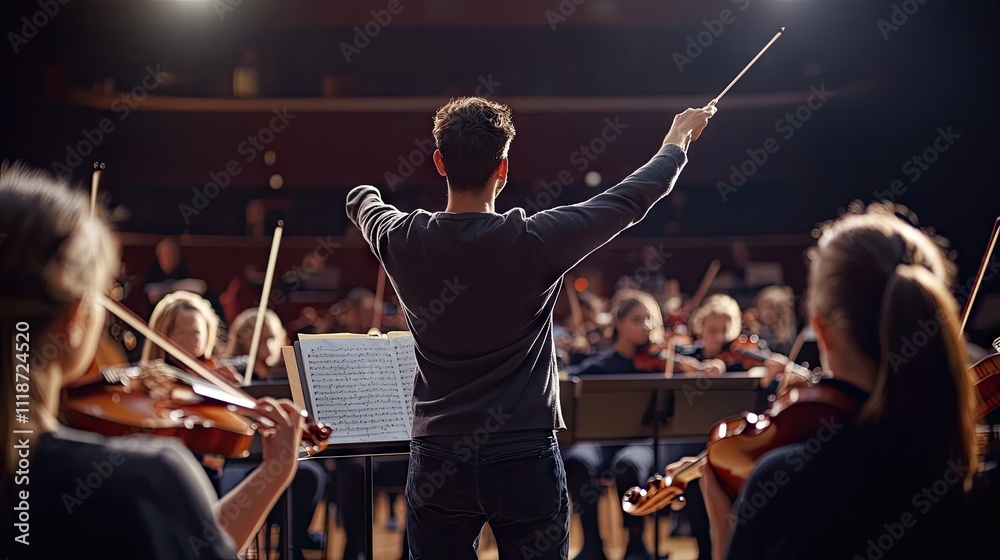 Fototapeta premium A male conductor leads a symphony orchestra during rehearsal, showcasing intense focus and passion.