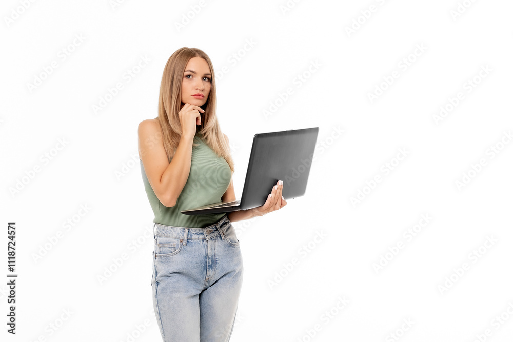 A young woman in casual attire thoughtfully holding a laptop while pondering ideas in a bright, minimalist environment A young woman in casual attire thoughtfully holding a laptop while pondering ideas in a bright, minimalist environment
