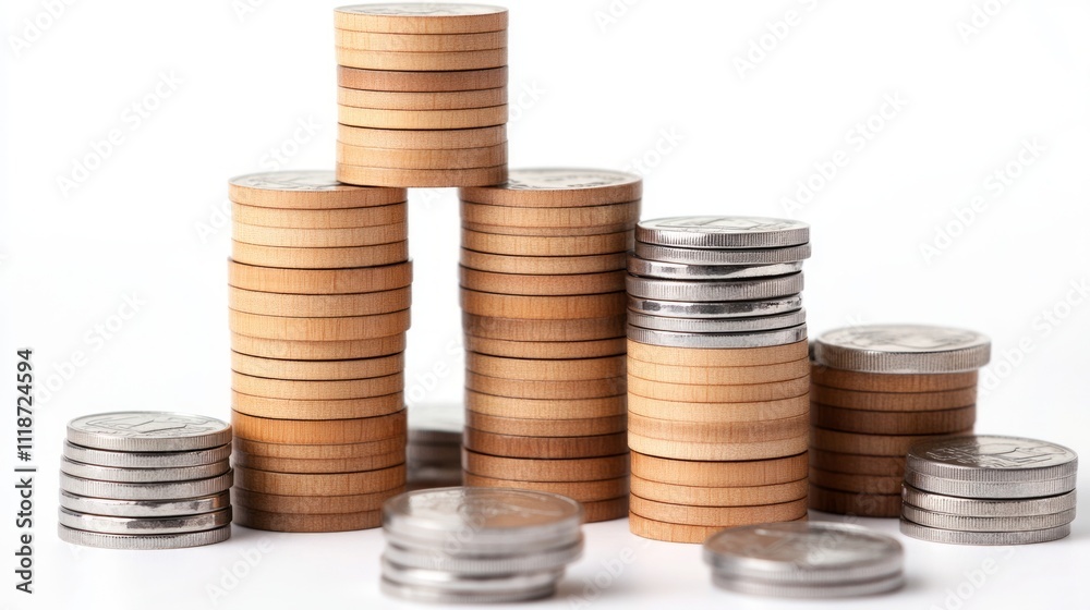 Stacks of wooden and metal coins arranged in a pyramid shape on a white background, symbolizing growth, savings, and financial success. Stacks of wooden and metal coins arranged in a pyramid shape on a white background, symbolizing growth, savings, and financial success.
