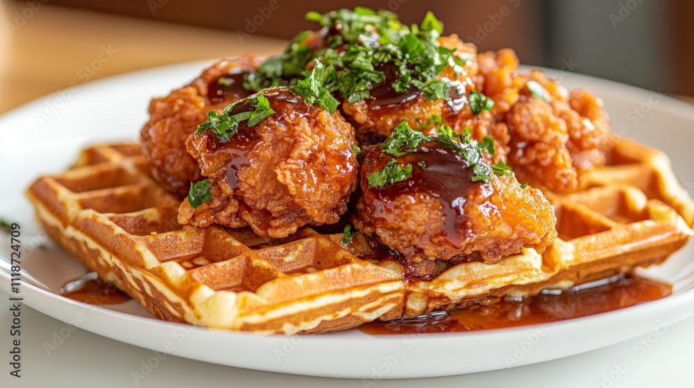 A plate of waffles topped with fried chicken, sauce, and herbs. A plate of waffles topped with fried chicken, sauce, and herbs.