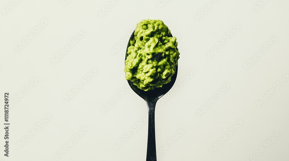 A black spoon holding a vibrant green mixture, likely guacamole or avocado spread. A black spoon holding a vibrant green mixture, likely guacamole or avocado spread.