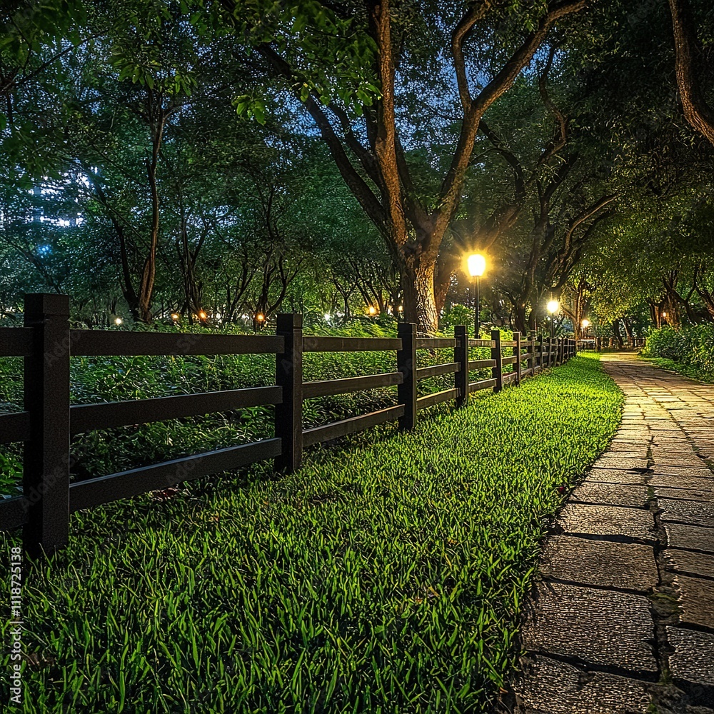 Evening stroll through a lush park pathway urban setting photography tranquil ambience inviting perspective Evening stroll through a lush park pathway urban setting photography tranquil ambience inviting perspective