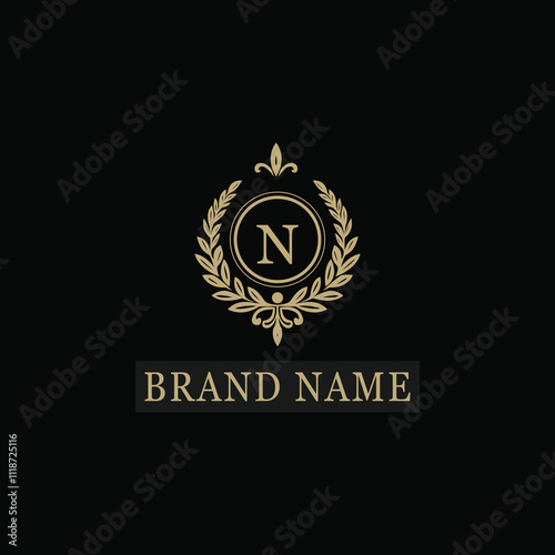 Elegant circular monogram logo with letter N and golden laurel on black background for premium branding 