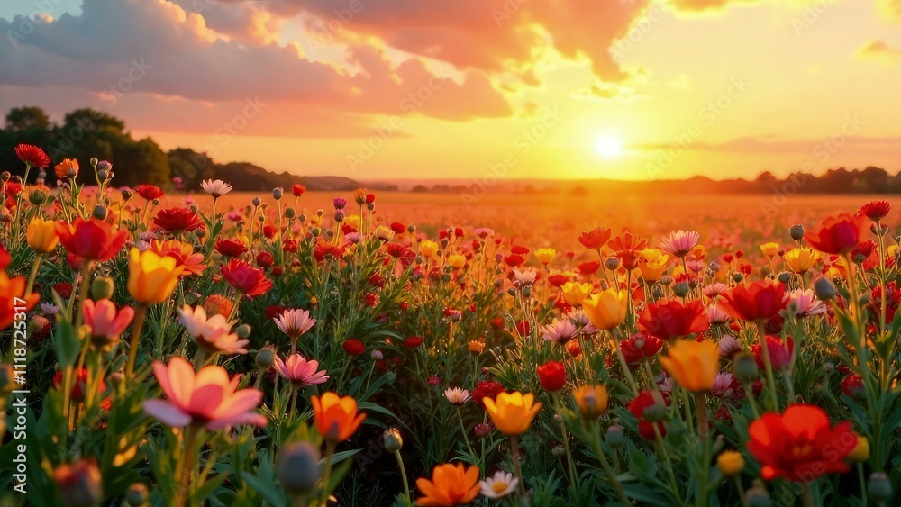 Golden hour landscape with a field of colorful flowers and a warm gradient sky Golden hour landscape with a field of colorful flowers and a warm gradient sky