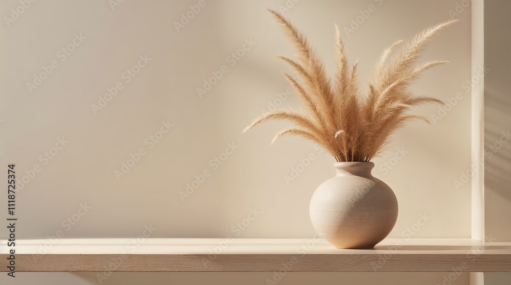Pampas grass in ceramic vase on wooden table with copy space Pampas grass in ceramic vase on wooden table with copy space