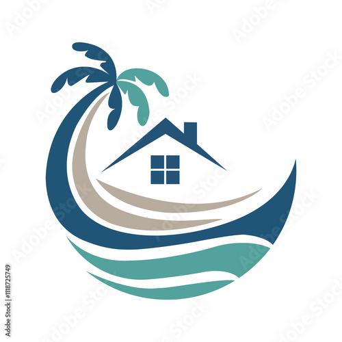 Stylized Logo with Nature and Architecture Elements in Blue and Teal with Tropical Coastal Theme