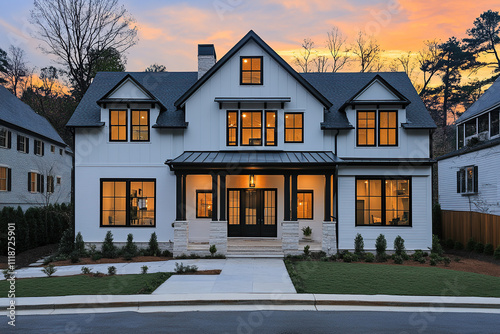 A classic white and black color scheme with large windows, showcasing the modern architecture of an elegant suburban home lit up at dusk in Georgia. The two-story traditional American house features.